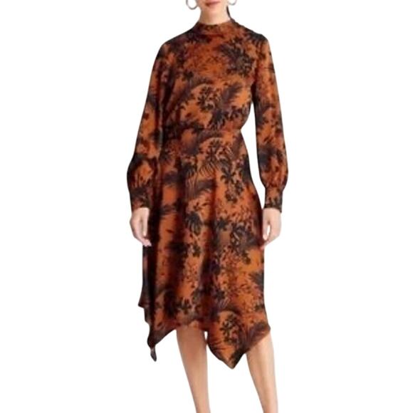 Future Collective Satin Mock Neck Midi Dress XL Brown Tropical Print Retro - Picture 3 of 11